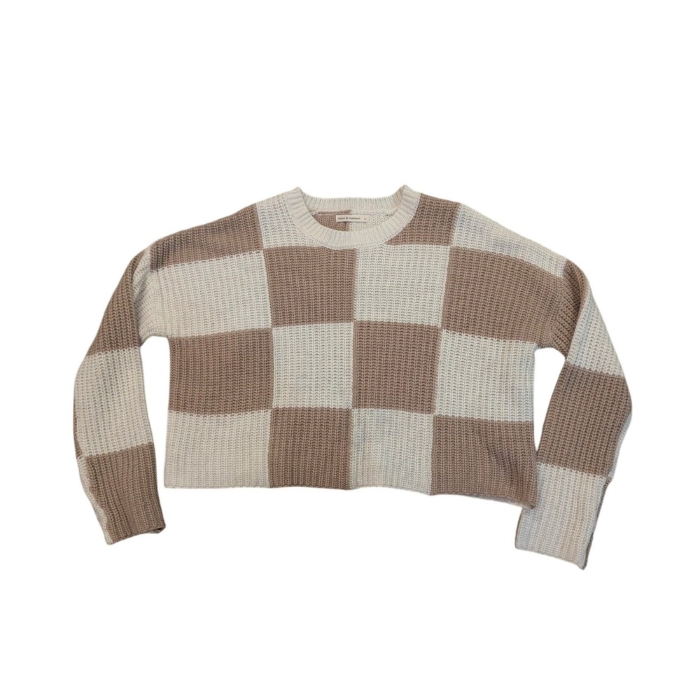 Sweater Women Large Tan Cream Checkered Boxy Cropped Knit Cabincore Cozy Fall‎